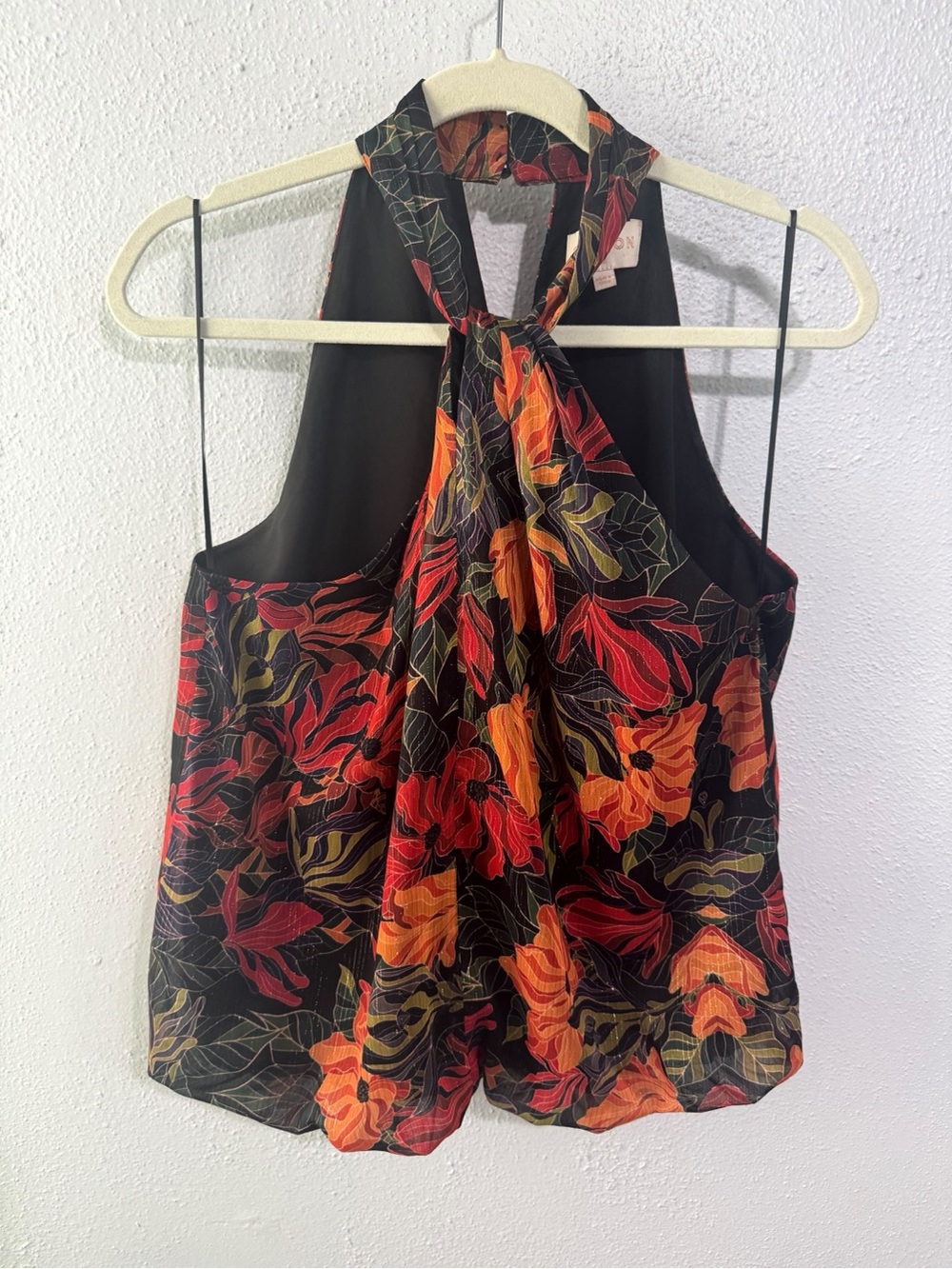 Ciebon Tie-Neck Floral Halter Top in Black with Red & Orange Floral Print med